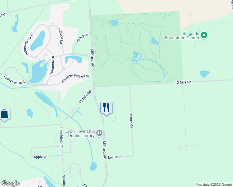 map of restaurants, bars, coffee shops, grocery stores, and more near 56739 Twelve Mile Road in South Lyon