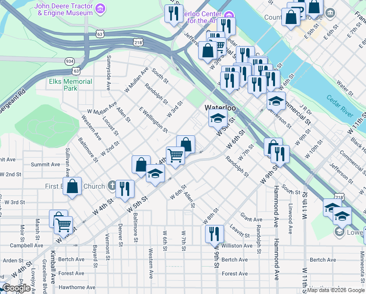 map of restaurants, bars, coffee shops, grocery stores, and more near 800 West 4th Street in Waterloo