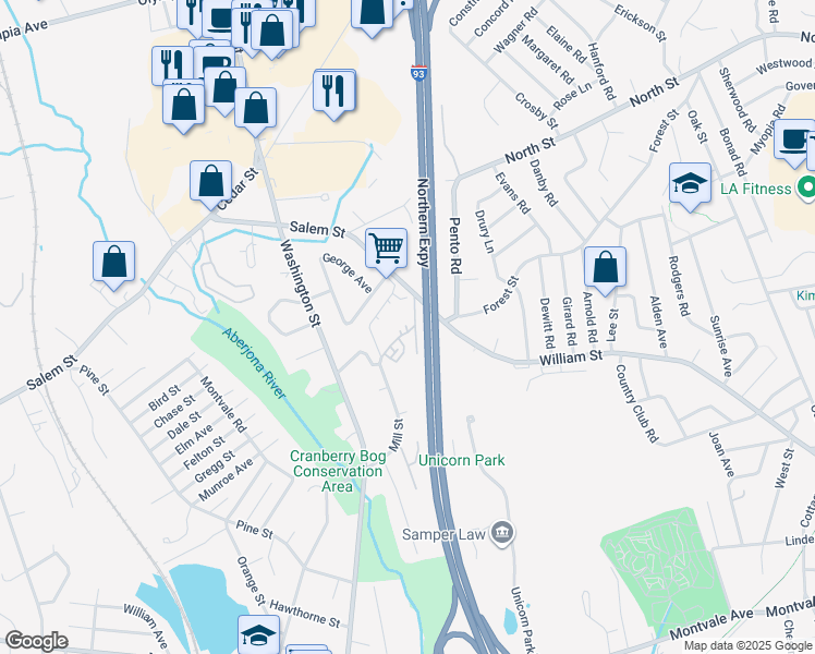 map of restaurants, bars, coffee shops, grocery stores, and more near 82 Mill Street in Woburn