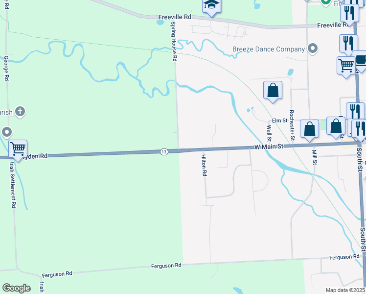 map of restaurants, bars, coffee shops, grocery stores, and more near 124-26 Main St W in Dryden