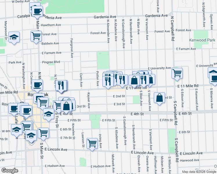 map of restaurants, bars, coffee shops, grocery stores, and more near 111 North Alexander Avenue in Royal Oak