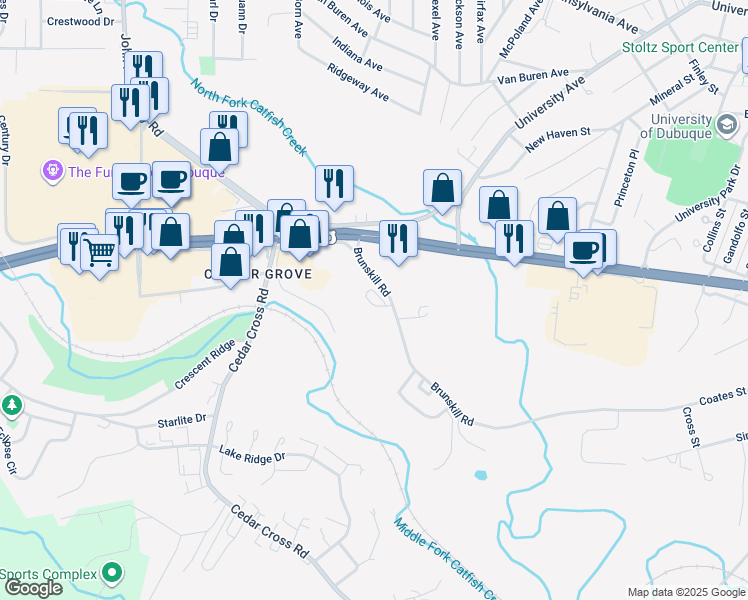 map of restaurants, bars, coffee shops, grocery stores, and more near 3100 Brunskill Road in Dubuque