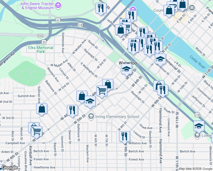 map of restaurants, bars, coffee shops, grocery stores, and more near 800 West 4th Street in Waterloo