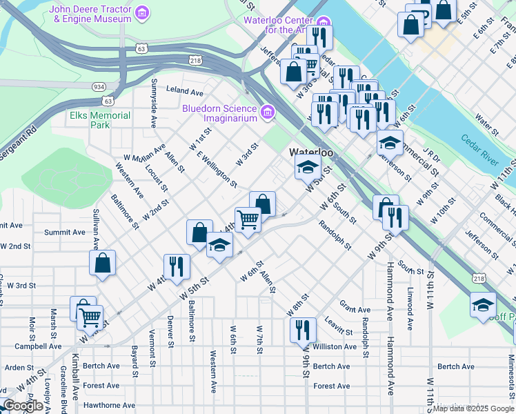 map of restaurants, bars, coffee shops, grocery stores, and more near 800 West 4th Street in Waterloo
