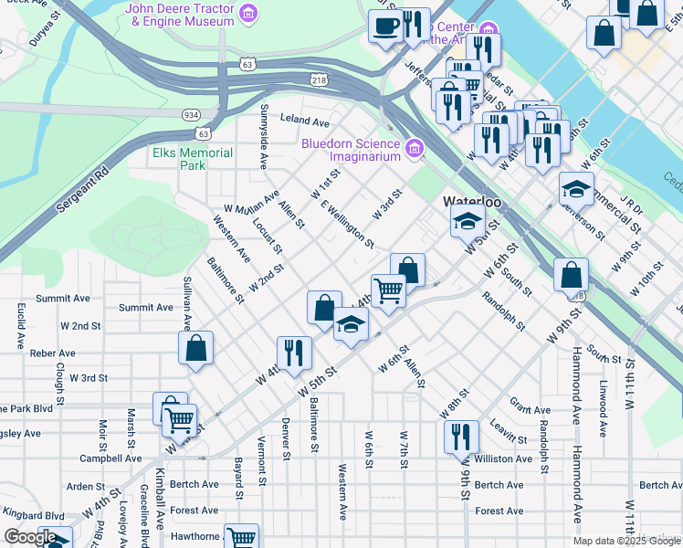 map of restaurants, bars, coffee shops, grocery stores, and more near 402 Allen Street in Waterloo