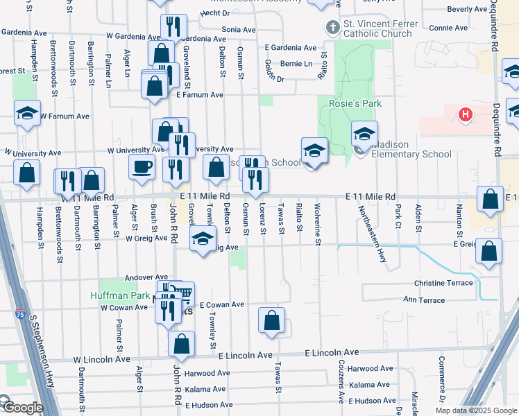 map of restaurants, bars, coffee shops, grocery stores, and more near 26723 Lorenz Street in Madison Heights