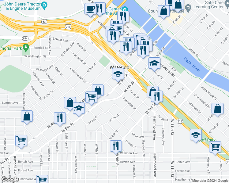 map of restaurants, bars, coffee shops, grocery stores, and more near 629 West 5th Street in Waterloo