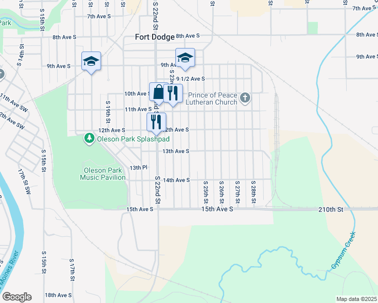 map of restaurants, bars, coffee shops, grocery stores, and more near 1300 South 24th Street in Fort Dodge
