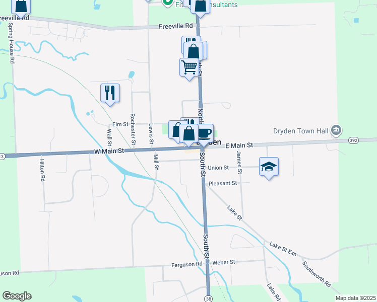 map of restaurants, bars, coffee shops, grocery stores, and more near 21 West Main Street in Dryden