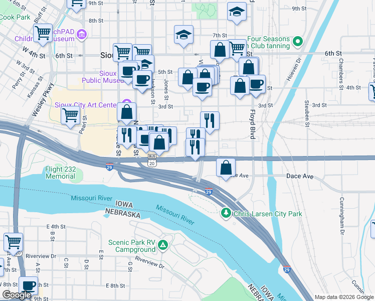 map of restaurants, bars, coffee shops, grocery stores, and more near 110 South Jennings Street in Sioux City