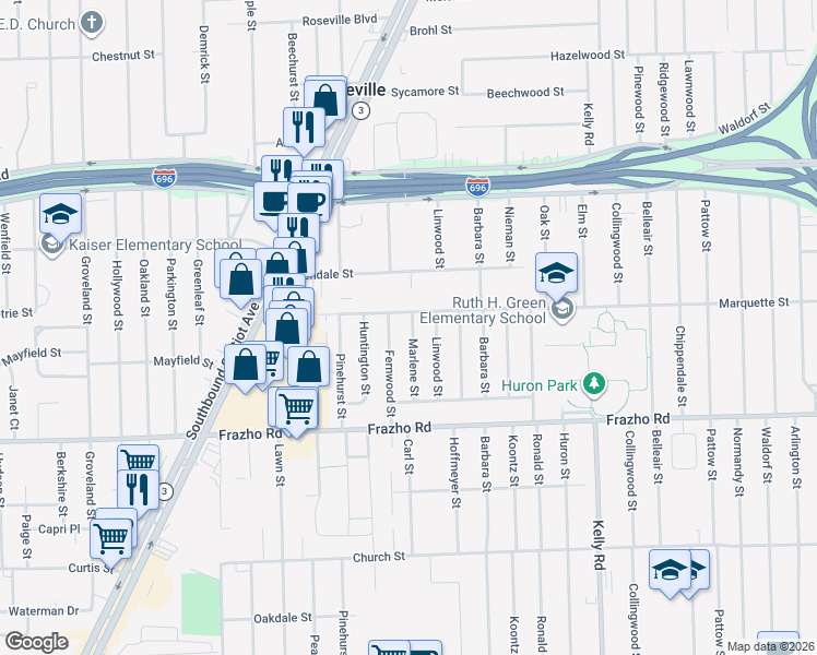 map of restaurants, bars, coffee shops, grocery stores, and more near 26301 Marlene Street in Roseville