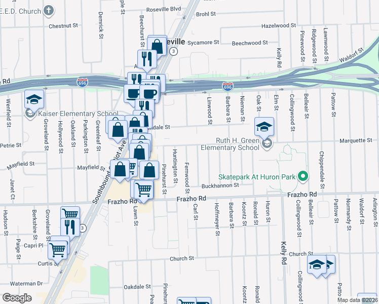 map of restaurants, bars, coffee shops, grocery stores, and more near 18050 Marquette Street in Roseville