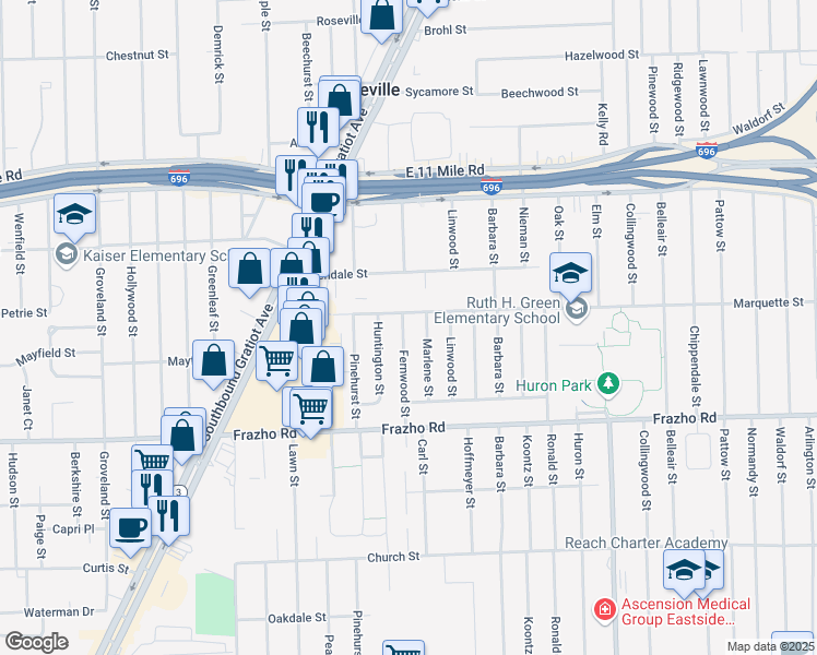 map of restaurants, bars, coffee shops, grocery stores, and more near 26300 Fernwood Street in Roseville
