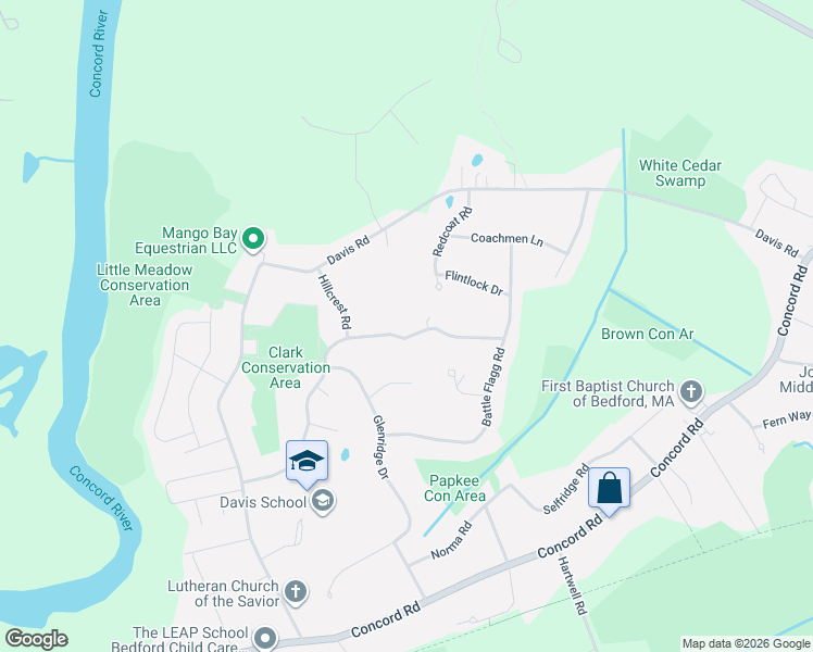map of restaurants, bars, coffee shops, grocery stores, and more near 54A Notre Dame Road in Bedford