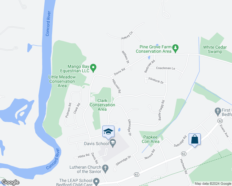 map of restaurants, bars, coffee shops, grocery stores, and more near 15 Hillcrest Road in Bedford