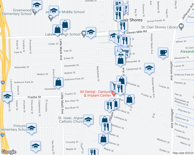 map of restaurants, bars, coffee shops, grocery stores, and more near 21138 Ardmore Park Drive in Saint Clair Shores