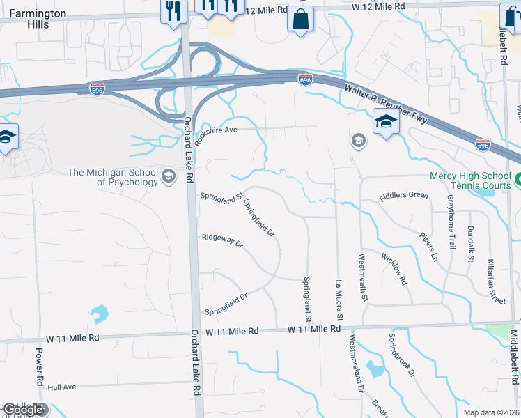 map of restaurants, bars, coffee shops, grocery stores, and more near 26532 Springfield Drive in Farmington Hills