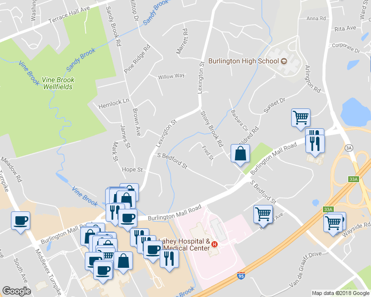 map of restaurants, bars, coffee shops, grocery stores, and more near 16 Fred Street in Burlington