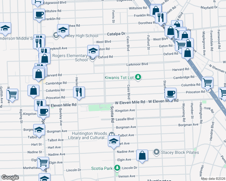 map of restaurants, bars, coffee shops, grocery stores, and more near 1705 Columbia Road in Berkley