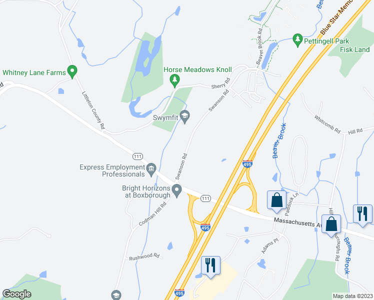 map of restaurants, bars, coffee shops, grocery stores, and more near 101 Swanson Road in Boxborough