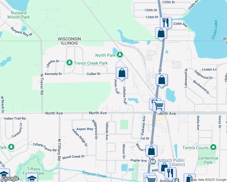 map of restaurants, bars, coffee shops, grocery stores, and more near 428 Joren Trail in Antioch