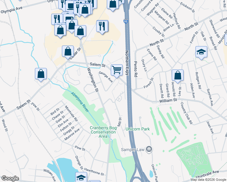 map of restaurants, bars, coffee shops, grocery stores, and more near 58 Mill Street in Woburn