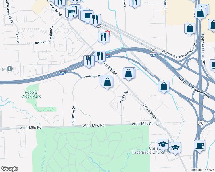 map of restaurants, bars, coffee shops, grocery stores, and more near 27777 Franklin Road in Southfield