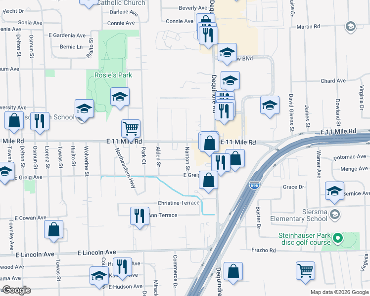 map of restaurants, bars, coffee shops, grocery stores, and more near 1642 East 11 Mile Road in Madison Heights