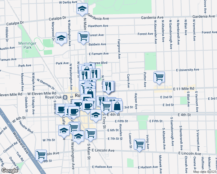 map of restaurants, bars, coffee shops, grocery stores, and more near 315 East Eleven Mile Road in Royal Oak