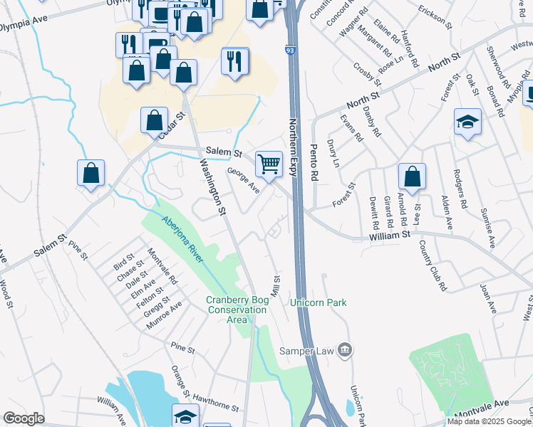map of restaurants, bars, coffee shops, grocery stores, and more near 62 Mill Street in Woburn
