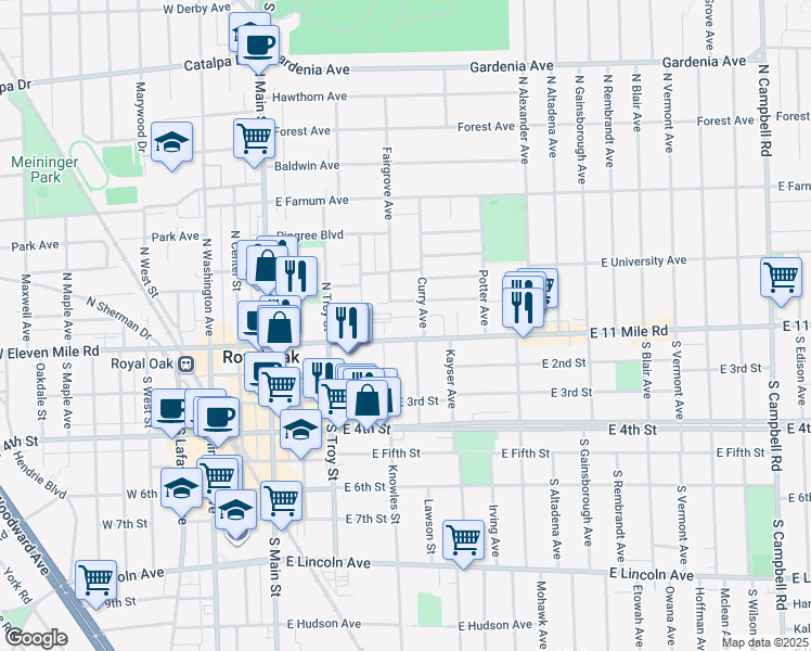 map of restaurants, bars, coffee shops, grocery stores, and more near 101 Curry Avenue in Royal Oak