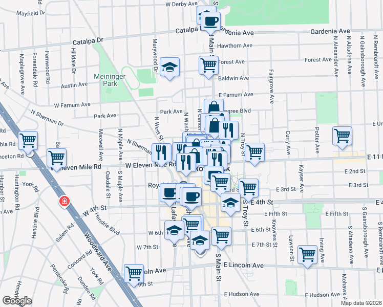map of restaurants, bars, coffee shops, grocery stores, and more near 118 North Washington Avenue in Royal Oak