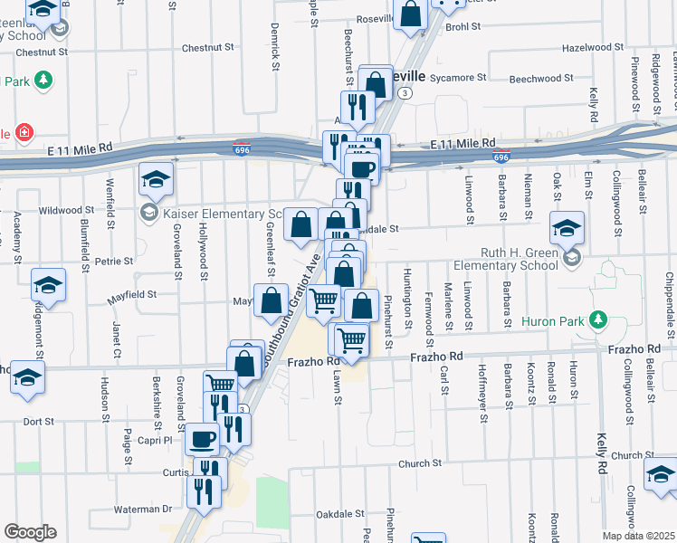 map of restaurants, bars, coffee shops, grocery stores, and more near 26386 Eastgate Boulevard in Roseville
