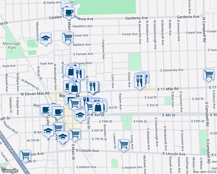 map of restaurants, bars, coffee shops, grocery stores, and more near 101 Curry Avenue in Royal Oak
