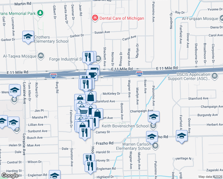 map of restaurants, bars, coffee shops, grocery stores, and more near 11758 Bloomfield Avenue in Warren