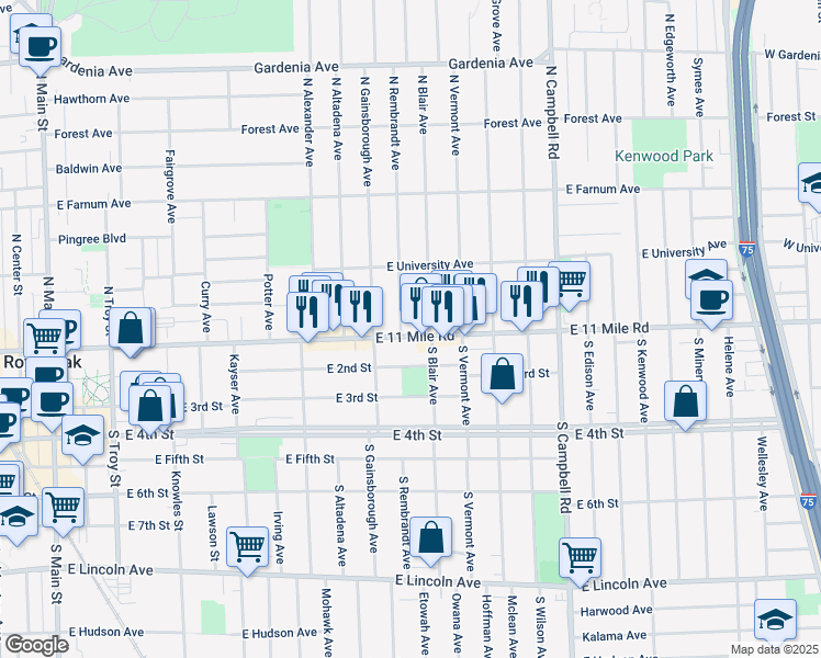 map of restaurants, bars, coffee shops, grocery stores, and more near 1201 East Eleven Mile Road in Royal Oak