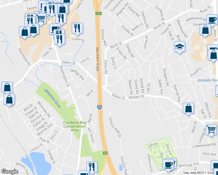 map of restaurants, bars, coffee shops, grocery stores, and more near 69 Mill Street in Woburn