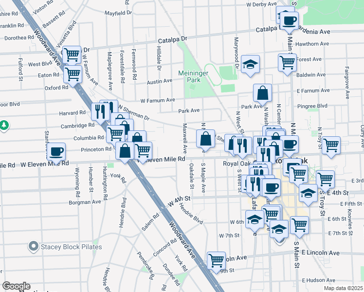map of restaurants, bars, coffee shops, grocery stores, and more near 123 Maxwell Avenue in Royal Oak