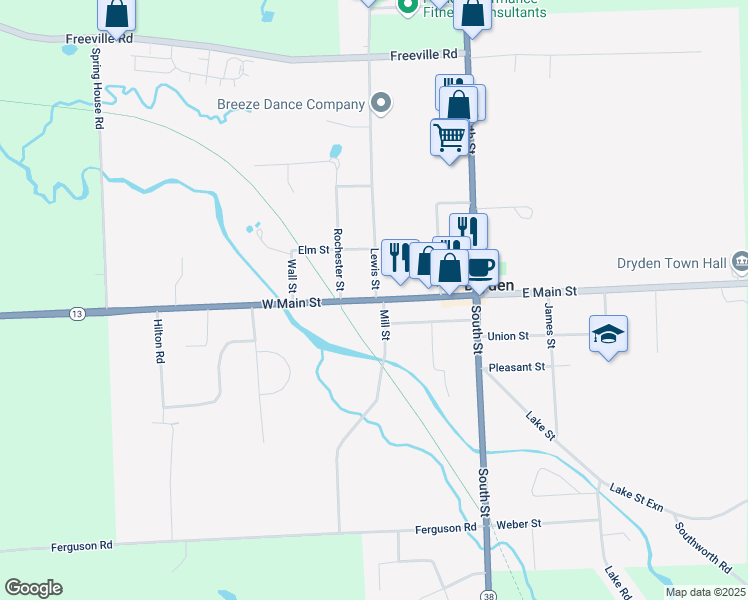 map of restaurants, bars, coffee shops, grocery stores, and more near 52 West Main Street in Dryden