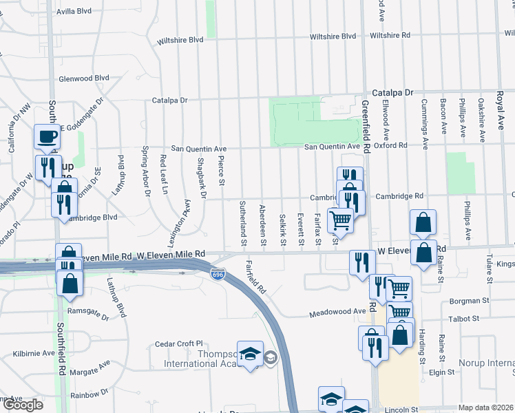 map of restaurants, bars, coffee shops, grocery stores, and more near 27155 Aberdeen Street in Southfield