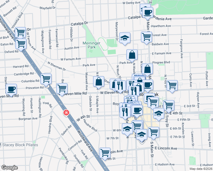 map of restaurants, bars, coffee shops, grocery stores, and more near 621 Louis Avenue in Royal Oak