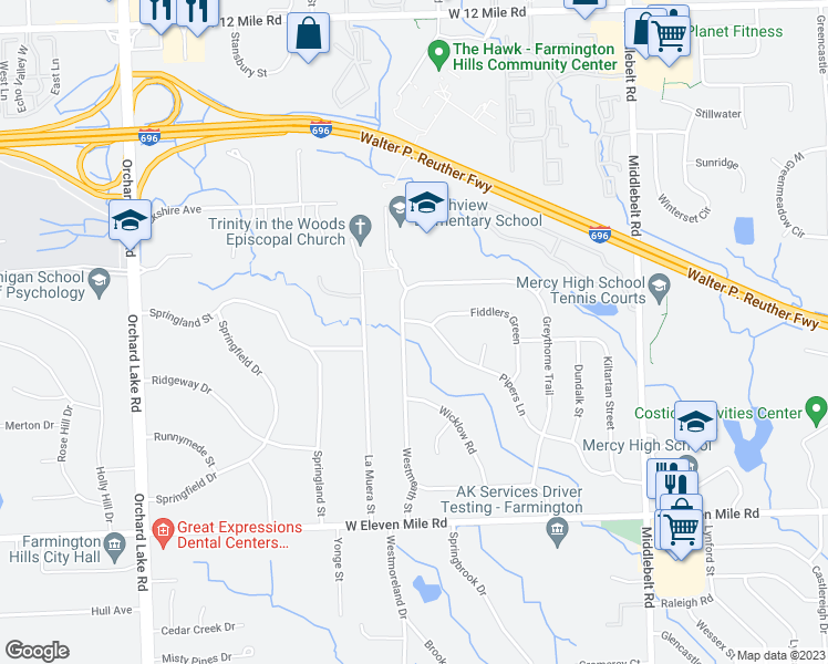 map of restaurants, bars, coffee shops, grocery stores, and more near 30341 Pipers Lane in Farmington Hills
