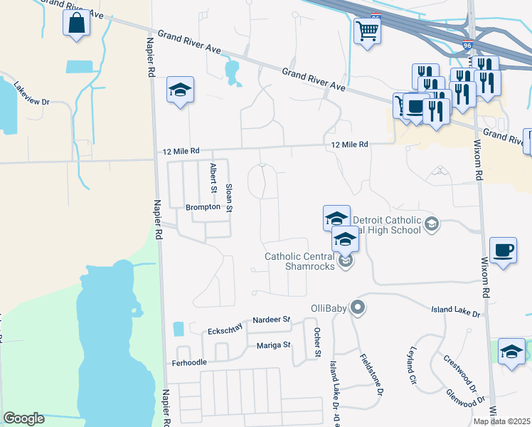 map of restaurants, bars, coffee shops, grocery stores, and more near 27568 Pamplona Lane in Novi