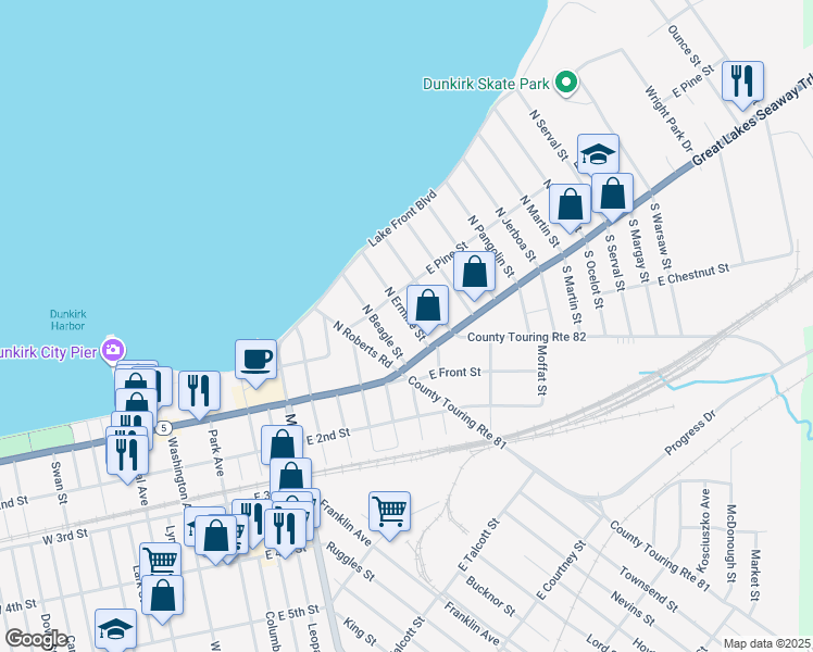 map of restaurants, bars, coffee shops, grocery stores, and more near 9 North Ermine Street in Dunkirk