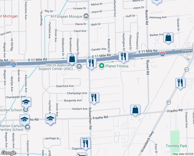 map of restaurants, bars, coffee shops, grocery stores, and more near 13691 McKinley Avenue in Warren