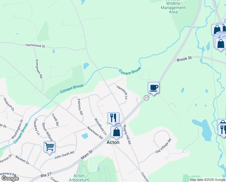 map of restaurants, bars, coffee shops, grocery stores, and more near 103 Nagog Hill Road in Acton