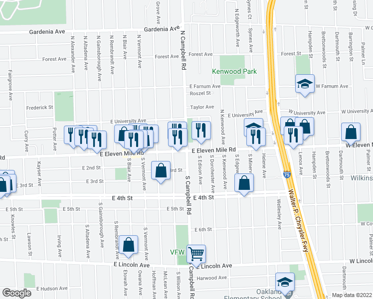 map of restaurants, bars, coffee shops, grocery stores, and more near 101 North Campbell Road in Royal Oak