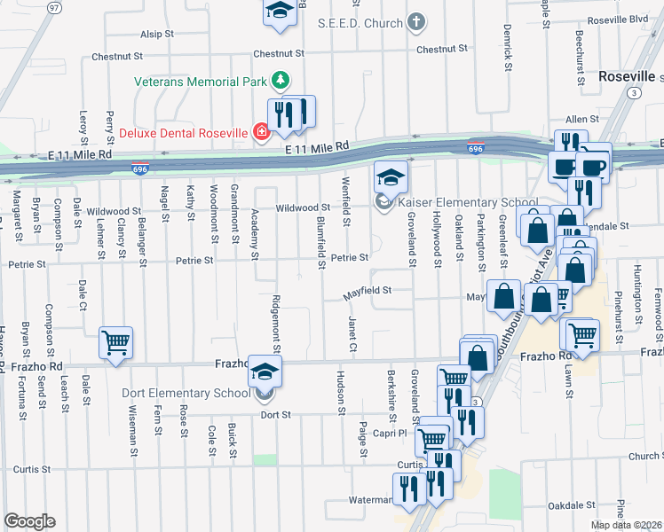 map of restaurants, bars, coffee shops, grocery stores, and more near 26400 Blumfield Street in Roseville