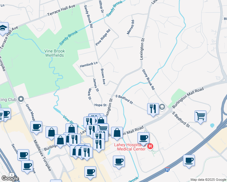 map of restaurants, bars, coffee shops, grocery stores, and more near 102 Lexington Street in Burlington