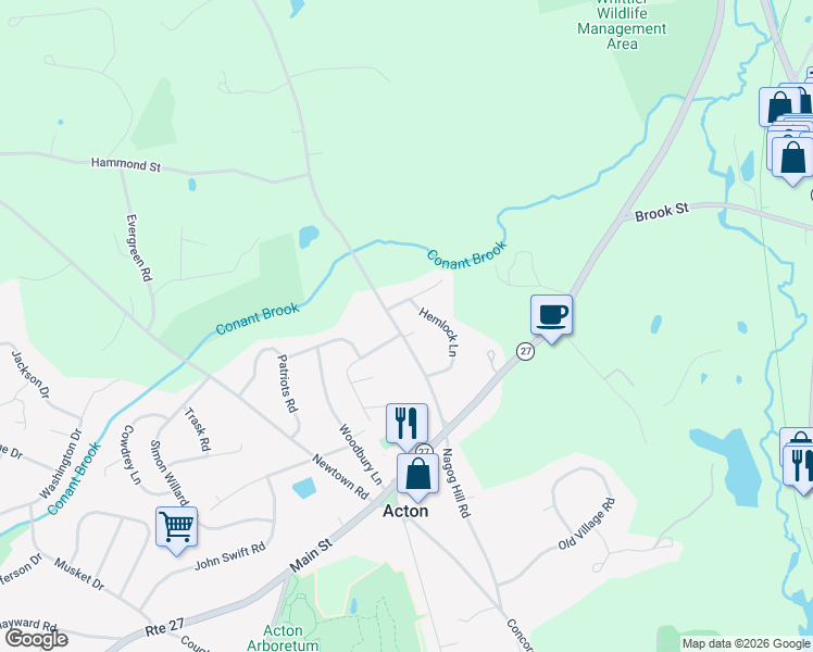 map of restaurants, bars, coffee shops, grocery stores, and more near 103 Nagog Hill Road in Acton